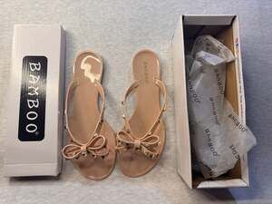 Size 6 Bamboo STUDS-01 Nude Bow Jelly Thong Sandals with Stud Accents